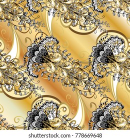 Vector golden pattern on beige, yellow and black colors with golden elements. Golden snowflake simple pattern. Symbol of winter, Merry Christmas holiday, Happy New Year 2018. Abstract wallpaper.