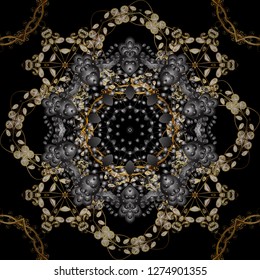 Vector golden pattern on black and gray colors. Abstract wallpaper, wrapping decoration. Symbol of winter, Merry Christmas holiday, Happy New Year 2019. Golden snowflake simple seamless pattern.