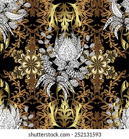 Vector golden pattern. Golden pattern on black colors with white doodles. Seamless golden textured curls in oriental style arabesques.