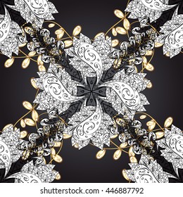 Vector golden pattern on black colors with golden element. Winter symbol, Merry Christmas holiday, Happy New Year 2019. Abstract wallpaper, wrapping decoration. Golden snowflake seamless pattern.