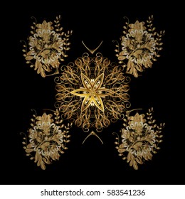 Vector golden pattern on black background with golden element. Golden snowflake. Winter symbol, Merry Christmas holiday, Happy New Year 2018. Abstract wallpaper, wrapping decoration.
