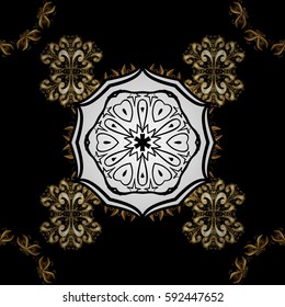 Vector golden pattern on black background with golden element. Golden snowflake. Winter symbol, Merry Christmas holiday, Happy New Year 2018. Abstract wallpaper, wrapping decoration.