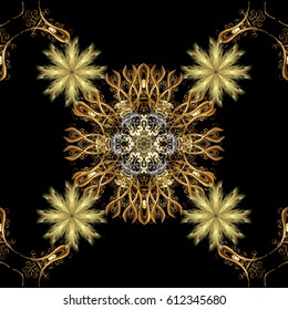 Vector golden pattern on black background. Symbol of winter, Merry Christmas holiday, Happy New Year 2018. Abstract wallpaper, wrapping decoration. Golden snowflake simple seamless pattern.