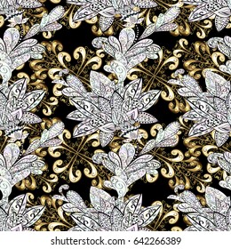Vector golden pattern on black background with golden element. Abstract wallpaper, wrapping decoration. Golden snowflake. Winter symbol, Merry Christmas holiday, Happy New Year 2018.