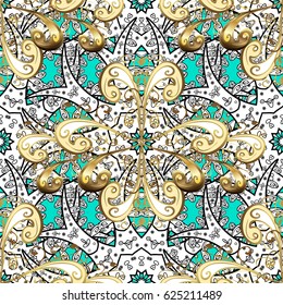 Vector golden pattern. Pattern on blue background with golden elements. Golden textured curls. Oriental style arabesques.