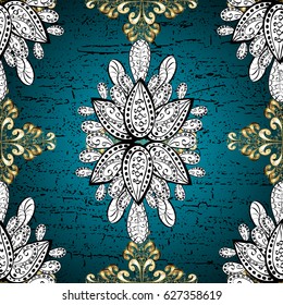 Vector golden pattern on blue background with golden elements. Abstract wallpaper, wrapping decoration. Golden snowflake simple pattern. Symbol of winter, Merry Christmas holiday, Happy New Year 2018.