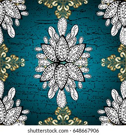 Vector golden pattern on blue background with golden elements. Abstract wallpaper, wrapping decoration. Golden snowflake simple pattern. Symbol of winter, Merry Christmas holiday, Happy New Year 2018.