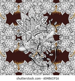 Vector golden pattern. Golden pattern on brown background with with white doodles. Seamless golden textured curls. Oriental style arabesques.
