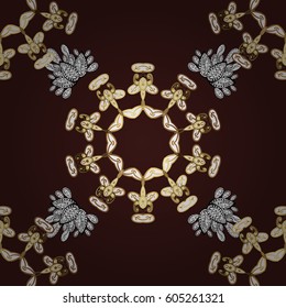 Vector golden pattern. Golden pattern on brown background with with white doodles. Seamless golden textured curls. Oriental style arabesques.