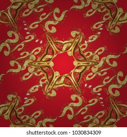 Vector golden pattern on red and yellow colors. Abstract wallpaper, wrapping decoration. Golden snowflake simple seamless pattern. Symbol of winter, Merry Christmas holiday, Happy New Year 2018.