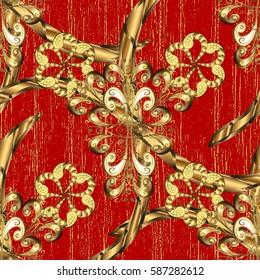 Vector golden pattern on red background with golden elements. Golden snowflake simple pattern. Symbol of winter, Merry Christmas holiday, Happy New Year 2018. Abstract wallpaper, wrapping decoration.