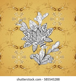 Vector golden pattern on yellow background. Symbol of winter, Merry Christmas holiday, Happy New Year 2018. Abstract wallpaper, wrapping decoration. Golden snowflake simple.