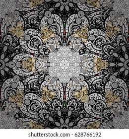 Vector golden pattern on yellow background with golden element. Golden snowflake seamless pattern. Winter symbol, Merry Christmas holiday, Happy New Year 2018. Abstract wallpaper, wrapping decoration.