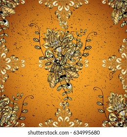 Vector golden pattern on yellow background with element. Symbol of winter, Merry Christmas holiday, Happy New Year 2018. Abstract wallpaper, wrapping decoration. Golden snowflake simple pattern.