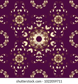 Vector golden pattern. Oriental style arabesques. Purple, brown and beige colors with gold elements. Seamless golden textured curls. Vector illustration.