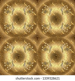 Vector golden pattern. Oriental style arabesques golden pattern on a brown and beige colors with golden elements. Seamless textured curls.