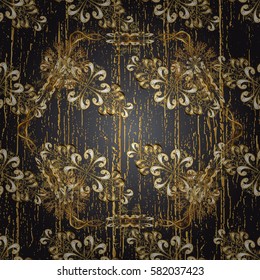 Vector golden pattern. Oriental style arabesques. Blue background with golden elements. Golden textured curls.