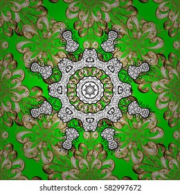 Vector golden pattern. Oriental style arabesques. Green background with golden elements. Golden textured curls.
