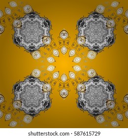Vector golden pattern. Oriental style arabesques. Golden pattern on yellow background with with white doodles. Seamless golden textured curls.