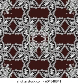 Vector golden pattern. Oriental style arabesques. Golden pattern on brown background with with white doodles. Seamless golden textured curls.