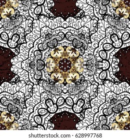 Vector golden pattern. Oriental style arabesques. Pattern on brown background with golden elements. Golden textured curls.