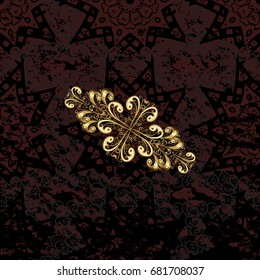 Vector golden pattern. Oriental style arabesques. Brown background with gold elements. Seamless golden textured curls. Vector illustration.