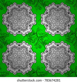 Vector golden pattern. Oriental style arabesques. Pattern on green background with golden elements. Golden textured curls.