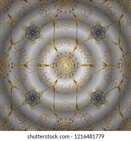Vector golden pattern. Ornamenta textured curls. Oriental style arabesques golden pattern on a gray, neutral and beige colors with golden elements.