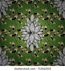 Vector golden pattern. Ornamental textured curls. Oriental style arabesques golden pattern on a green, white and gray background with golden elements.