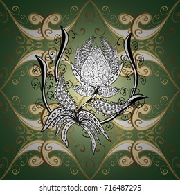 Vector golden pattern. Ornamental golden textured curls in oriental style arabesques. Golden pattern on green, white and neutral colors with white doodles.