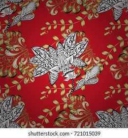 Vector golden pattern. Ornamental golden textured curls in oriental style arabesques. Golden pattern on red, white and yellow colors with white doodles.