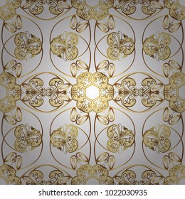Vector golden pattern. Seamless golden textured curls. Oriental style arabesques. White and yellow colors with gold elements. Vector illustration.