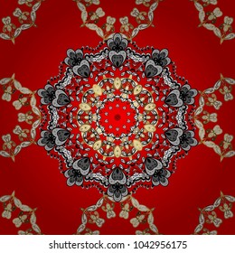 Vector golden pattern. Seamless golden textured curls in oriental style arabesques. Golden pattern on red, white and black colors with white doodles.