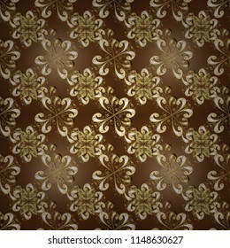 Vector golden pattern. Seamless textured curls. Oriental style arabesques golden pattern on a brown, beige and yellow colors with golden elements.