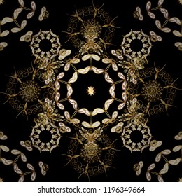 Vector golden pattern. Seamless textured curls. Oriental style arabesques golden pattern on a black, brown and white colors with golden elements.
