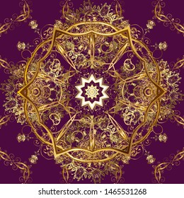 Vector golden pattern. Seamless golden textured curls. Oriental style arabesques. Purple and brown colors with gold elements. Vector illustration.