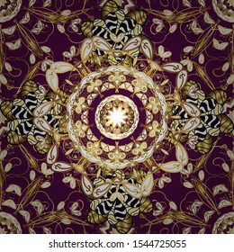 Vector golden pattern. Seamless textured curls. Oriental style arabesques golden pattern on a white and purple colors with golden elements.