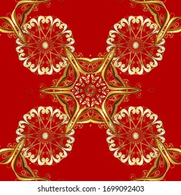 Vector golden pattern. Seamless golden textured curls. Oriental style arabesques. Brown and red colors with gold elements. Vector illustration.