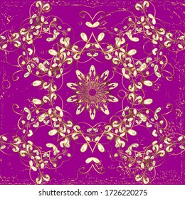 Vector golden pattern. Seamless golden textured curls. Vector illustration. Purple and beige colors with gold elements. Oriental style arabesques.