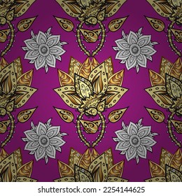 Vector golden pattern. Seamless golden textured curls. Oriental style arabesques. Colors with gold elements. Vector illustration. Pink background.