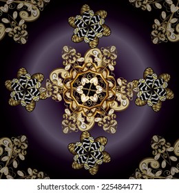 Vector golden pattern. Seamless golden textured curls. Oriental style arabesques. Colors with gold elements. Vector illustration. Mandalas. Lilac.