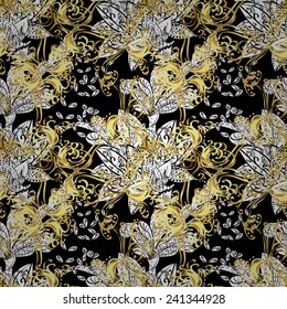 Vector golden pattern. Seamless golden textured curls in oriental style arabesques. Golden pattern on black colors with white doodles.
