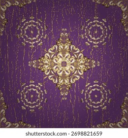 Padrão de ouro vetorial. Cachos texturizados dourados sem costura. Arabescos de estilo oriental. Cores com elementos de ouro. Ilustração vetorial. lilac