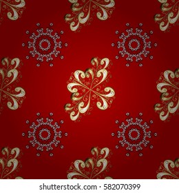 Vector golden pattern. Seamless golden textured curls. Oriental style arabesques. Golden pattern on red background with with white doodles.