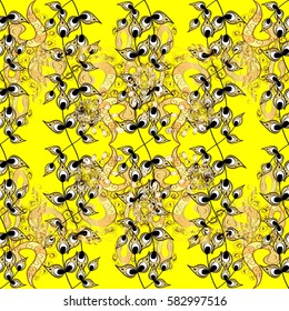 Vector golden pattern. Seamless golden textured curls in oriental style arabesques. Golden pattern on yellow background with white doodles.