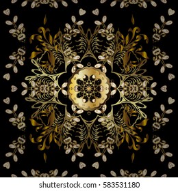 Vector golden pattern. Seamless golden textured curls. Vector illustration. Oriental style arabesques. Black background with gold elements.