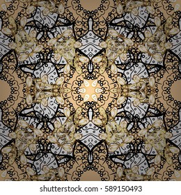 Vector golden pattern. Seamless golden textured curls in oriental style arabesques. Golden pattern on beige background with white doodles.