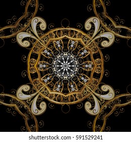 Vector golden pattern. Seamless golden textured curls in oriental style arabesques. Golden pattern on black background with white doodles.
