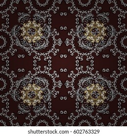 Vector golden pattern. Seamless golden textured curls in oriental style arabesques. Golden pattern on brown background with white doodles.