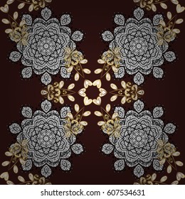Vector golden pattern. Seamless golden textured curls. Oriental style arabesques. Brown background with golden elements. Vector illustration.